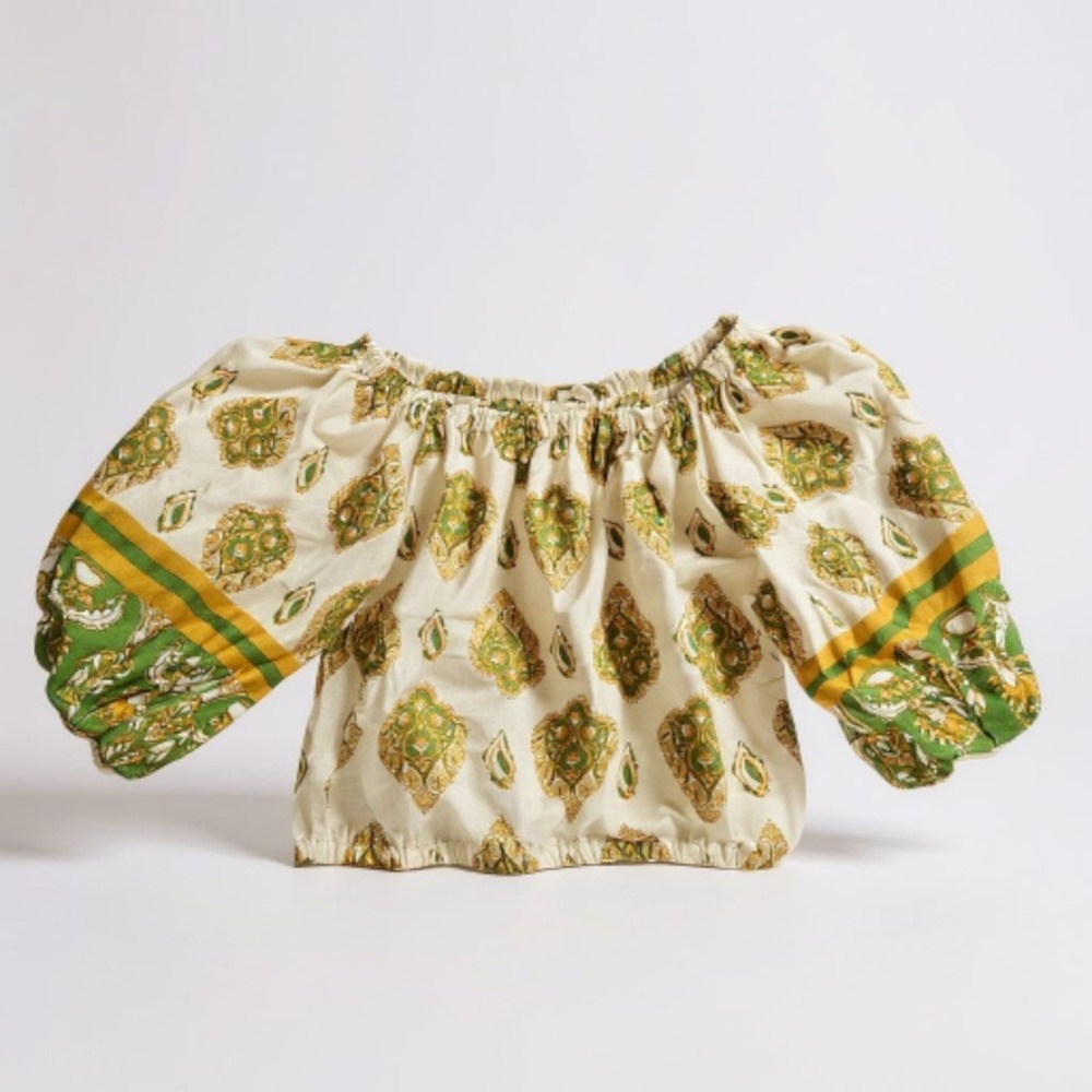Cream and Green Printed Off-Shoulder Peasant Blouse